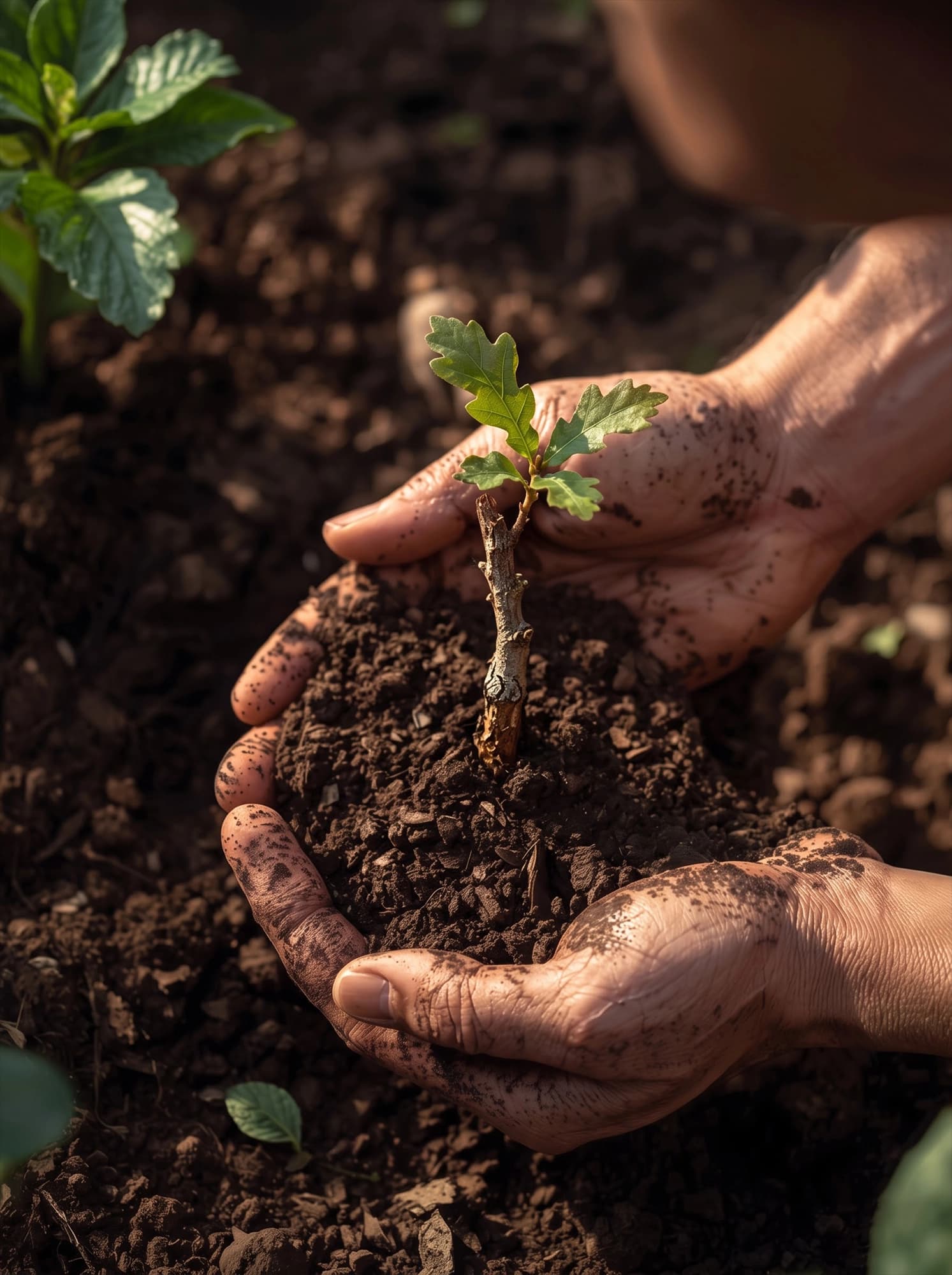 Hands nurturing a seedling